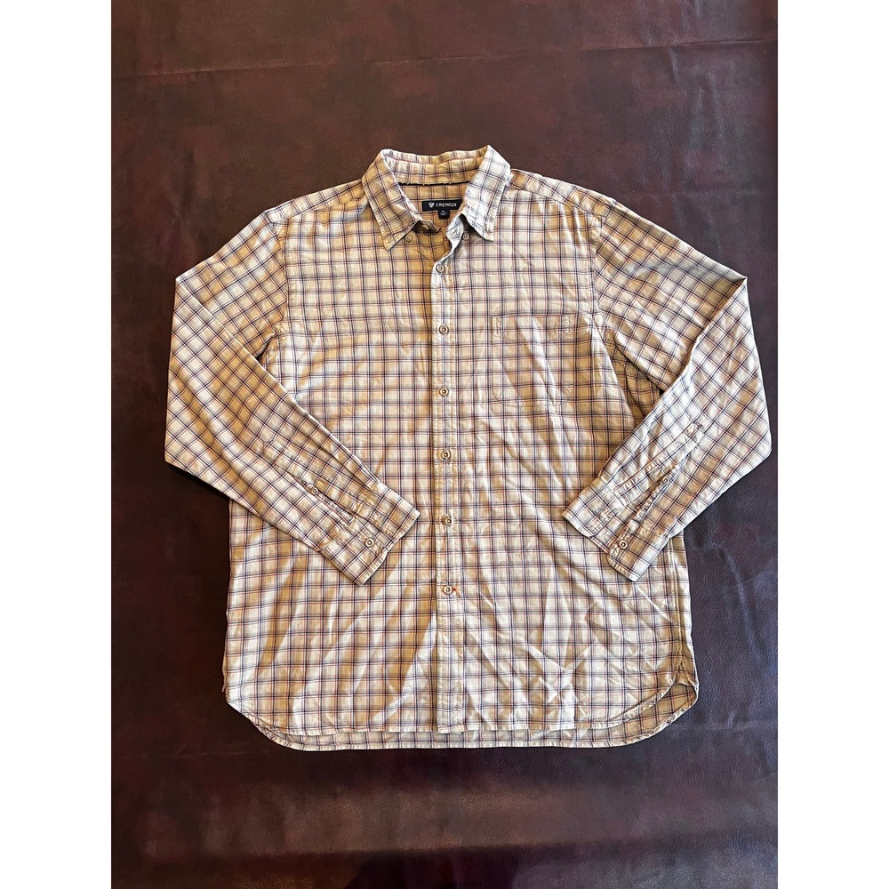 Cremieux Mens XL Plaid Button Down Shirt Tan Blue Red Long Sleeve Pocket